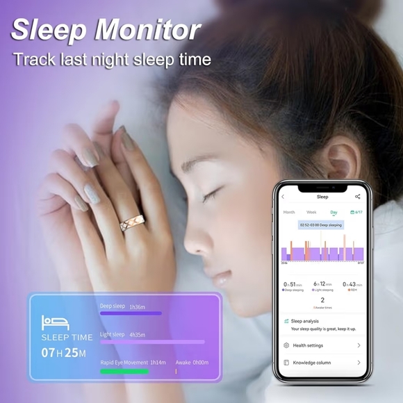 Rose Gold Patterned Smart Ring Monitor Sleep, HR, BP Fitness Tracker Pedometer - Picture 2 of 15